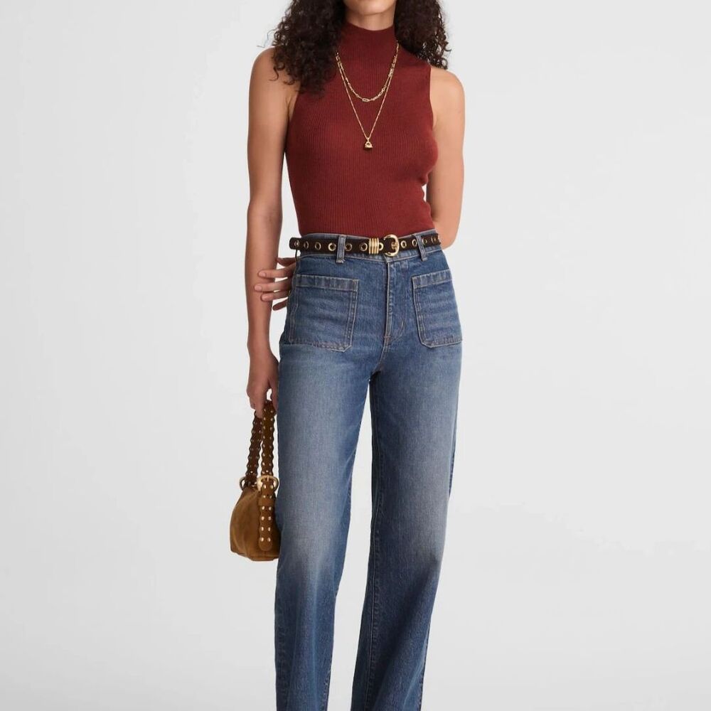 Madewell Merino Wool Silk Ribbed Mock Neck Sleeveless Top Rust S